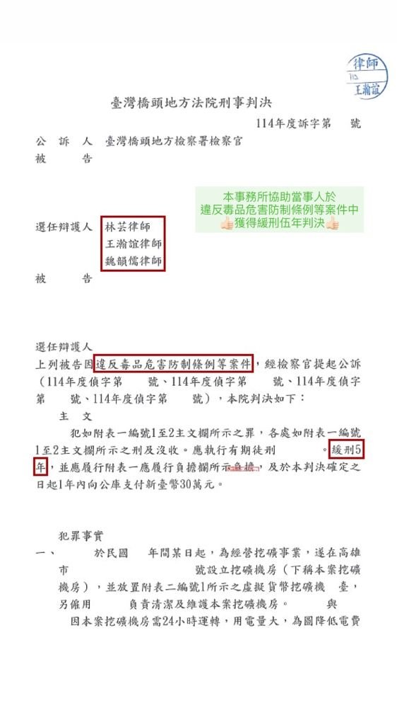 ／緩刑／本事務所協助當事人於違反毒品危害防制條例等案件中，獲得緩刑伍年判決。